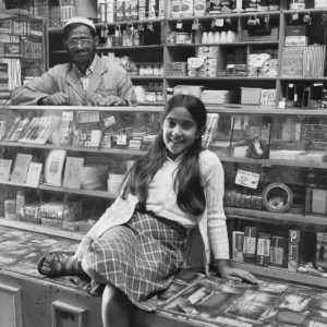 Goldblatt. Ozzie Docrat with his daughter Nassima in his shop before its destruction under the Group Areas Act, Fietas, Johannesburg, 1977